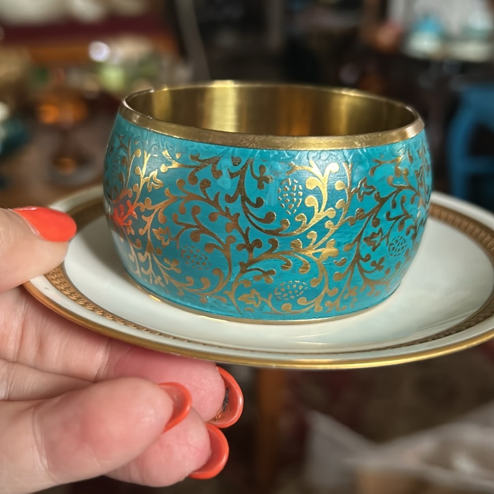 Vintage Turquoise Enamel & Brass Wide Bangle Bracelet